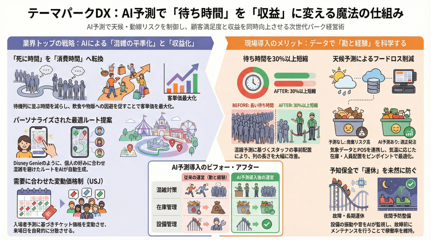 テーマパークDX】待ち時間ゼロへ。ディズニーやUSJも導入する「AI予測